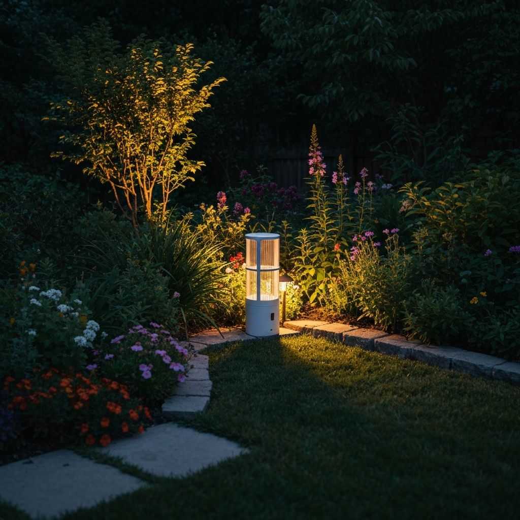 Modern mosquito trap installed in a lush backyard garden at dusk