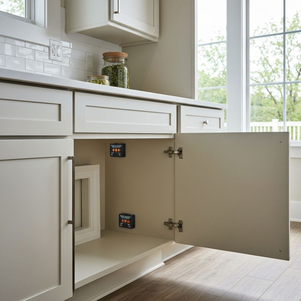 Modern kitchen interior with strategic roach bait placement locations
