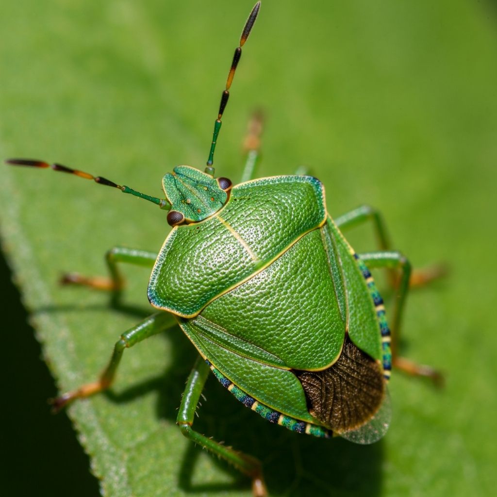 Close-up macro photograph of a green stink bug on a leaf showing its shield-shaped body